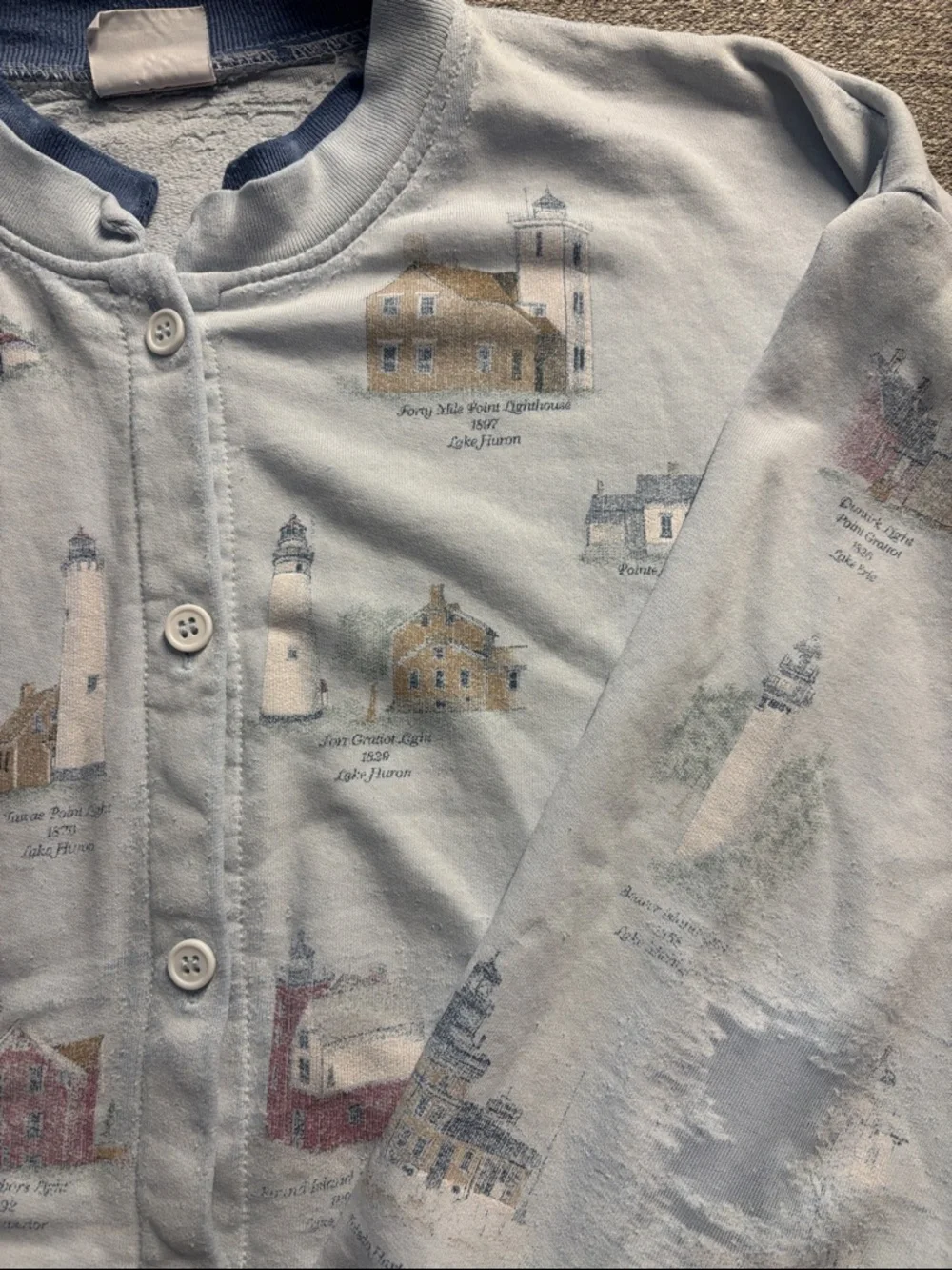 Vintage Lighthouse Print Button-Up Sweatshirt – Soft Coastal Graphic - Picture 3 of 5